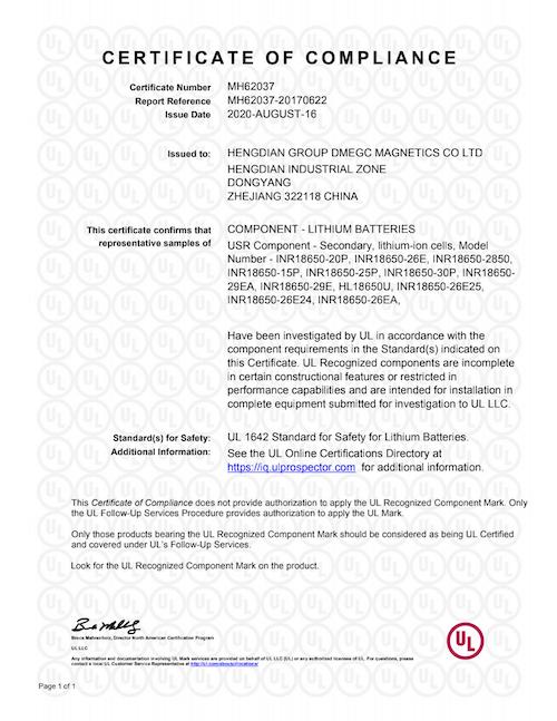 UL1642 of lithium cell 18650